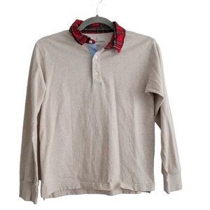 Crewcuts 10/11 Oatmeal Long Sleeve Polo Shirt Red Plaid Collar Christmas Holiday